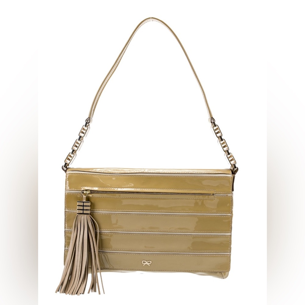 Anya Hindmarch Neutral Patent Leather Shoulder Bag Tassel Pull Accent